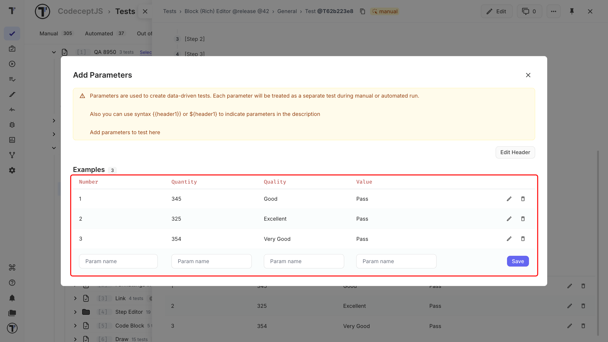 The saved parameter table at the bottom of the modal