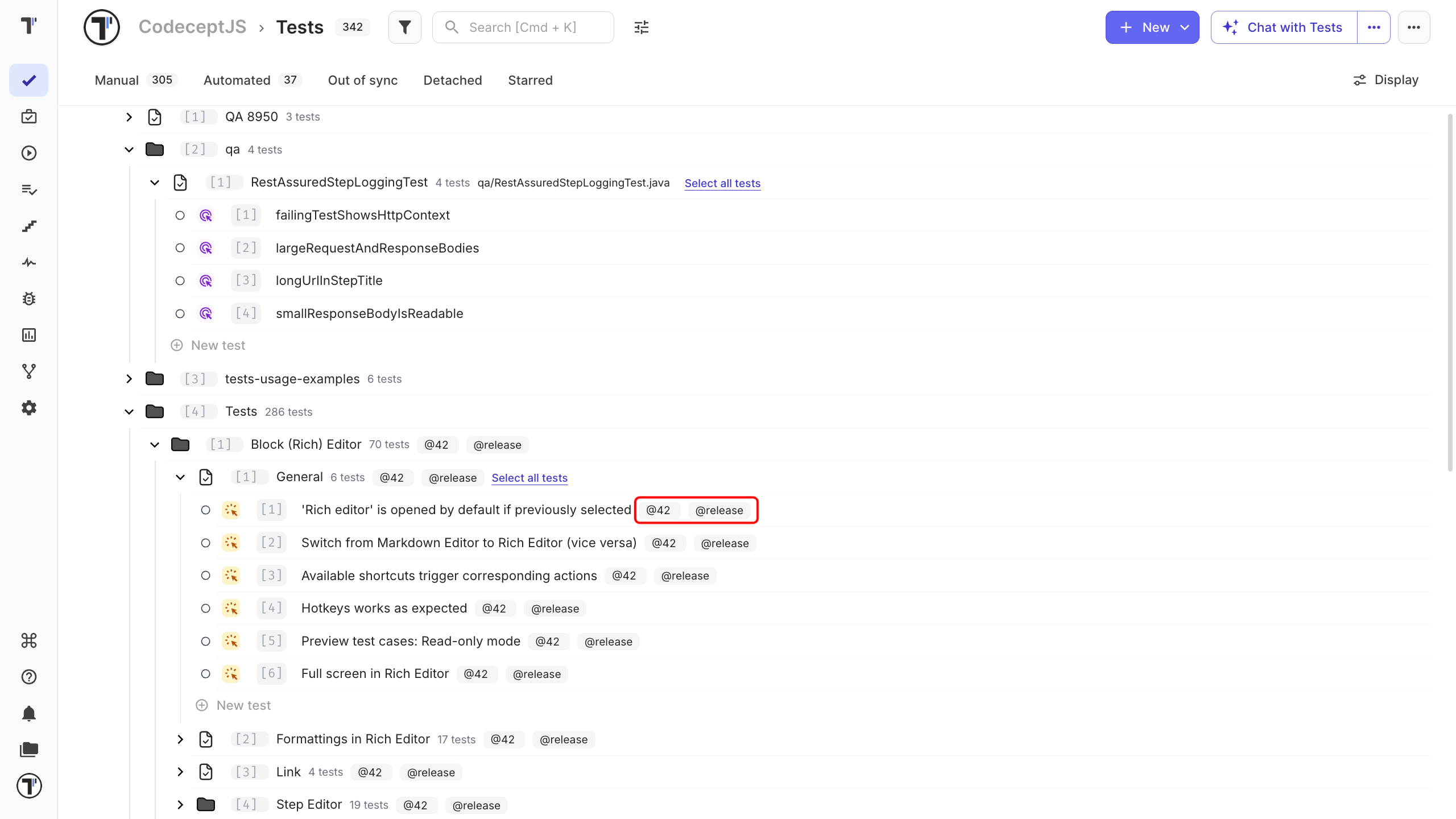 A test in the list with its tag shown next to the title