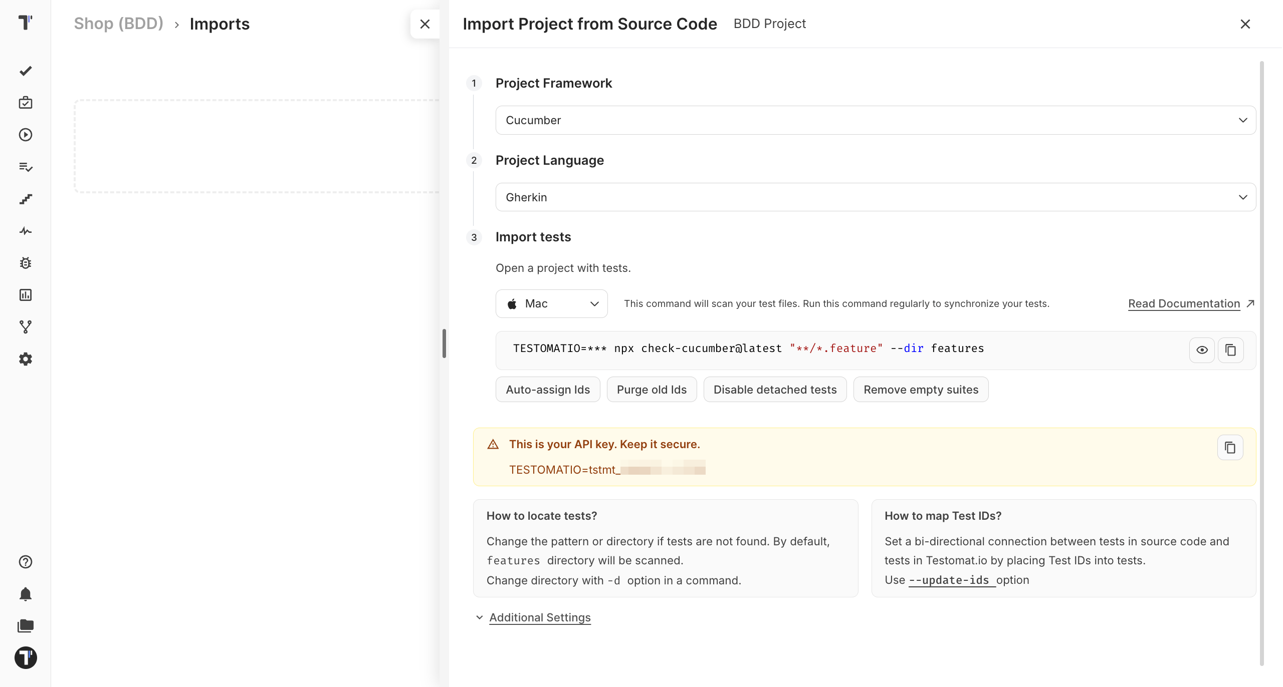 The import screen with Cucumber selected as the framework