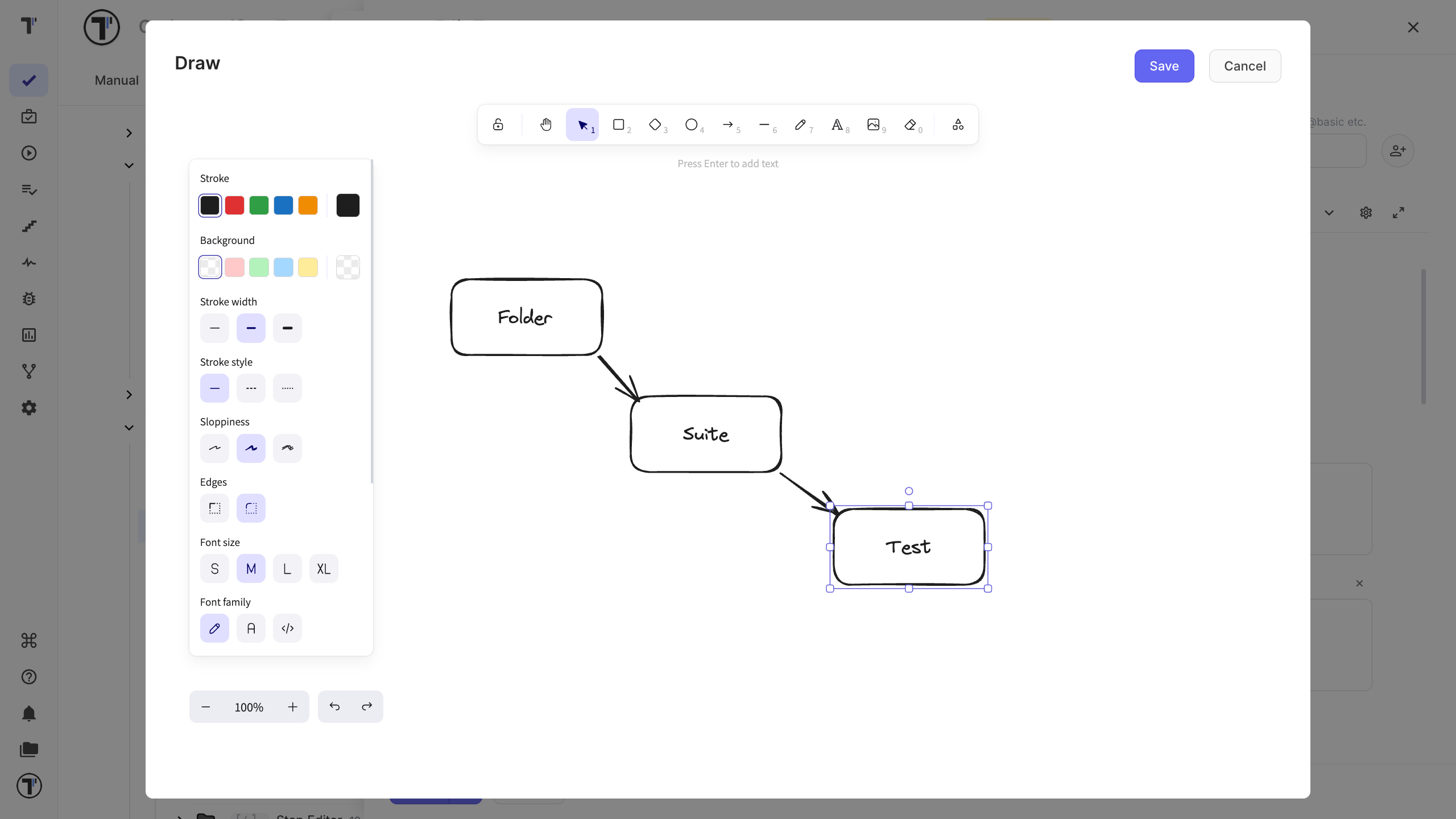 Drawing modal window in the test editor