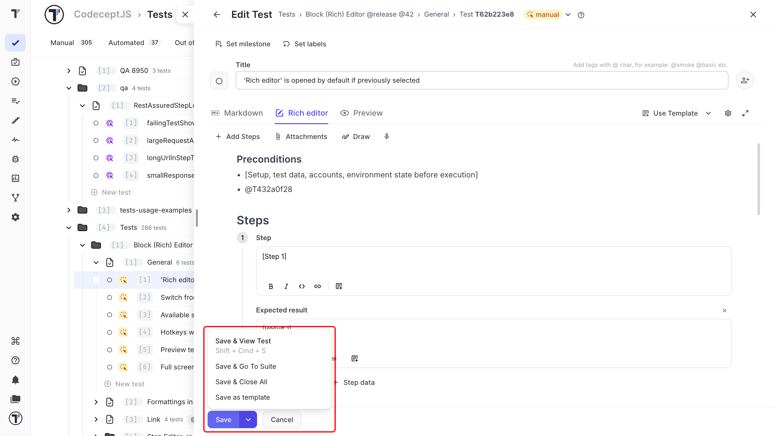 The save button with its dropdown showing the four save options